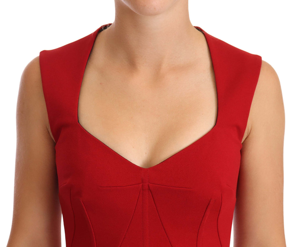 Dolce & Gabbana Red Sweetheart-Neck Sleeveless Stretch Midi Dress – Viscose-Nylon, Back Zipper, Logo Detail, Italian