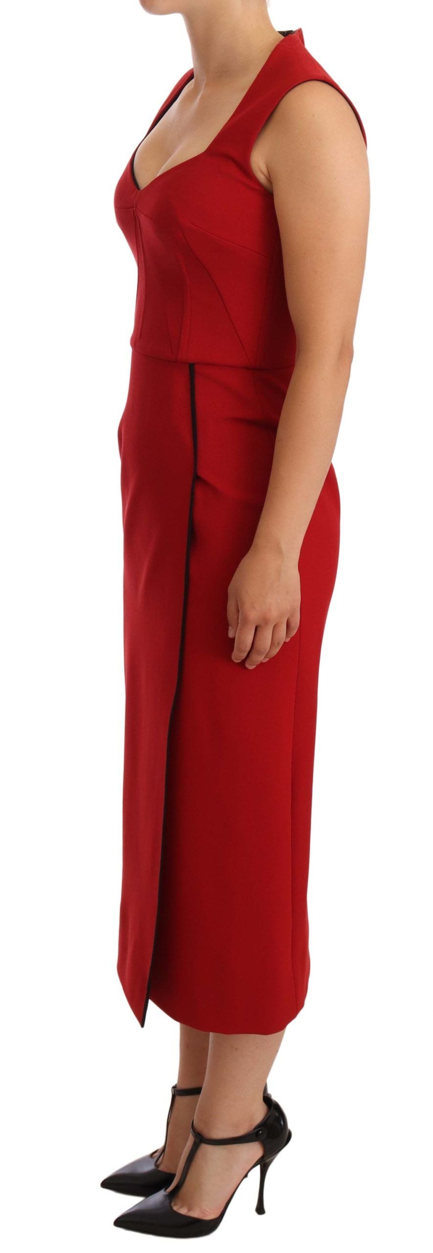 Dolce & Gabbana Red Sweetheart-Neck Sleeveless Stretch Midi Dress – Viscose-Nylon, Back Zipper, Logo Detail, Italian