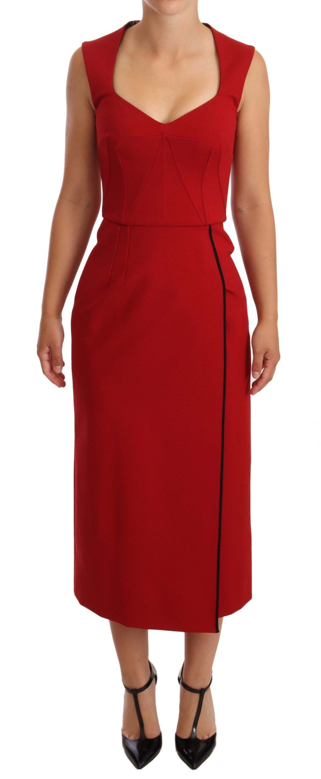 Dolce & Gabbana Red Sweetheart-Neck Sleeveless Stretch Midi Dress – Viscose-Nylon, Back Zipper, Logo Detail, Italian