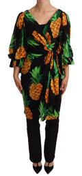 Dolce & Gabbana Black Pineapple-Print 92% Silk Wrap Dress – Long Puff Sleeves, Side Tie, Italian