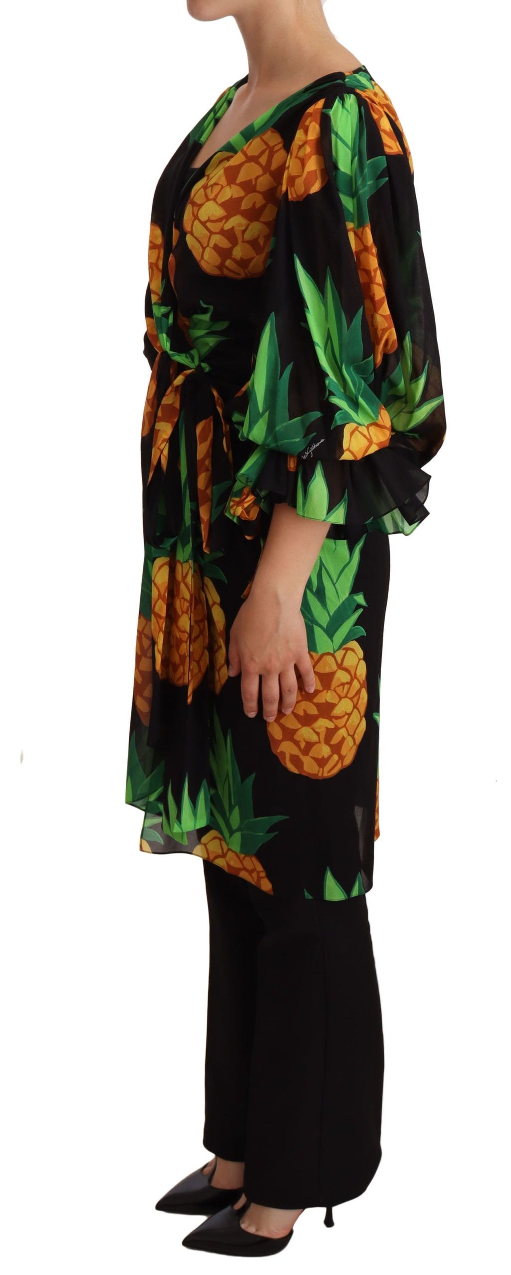 Dolce & Gabbana Black Pineapple-Print 92% Silk Wrap Dress – Long Puff Sleeves, Side Tie, Italian