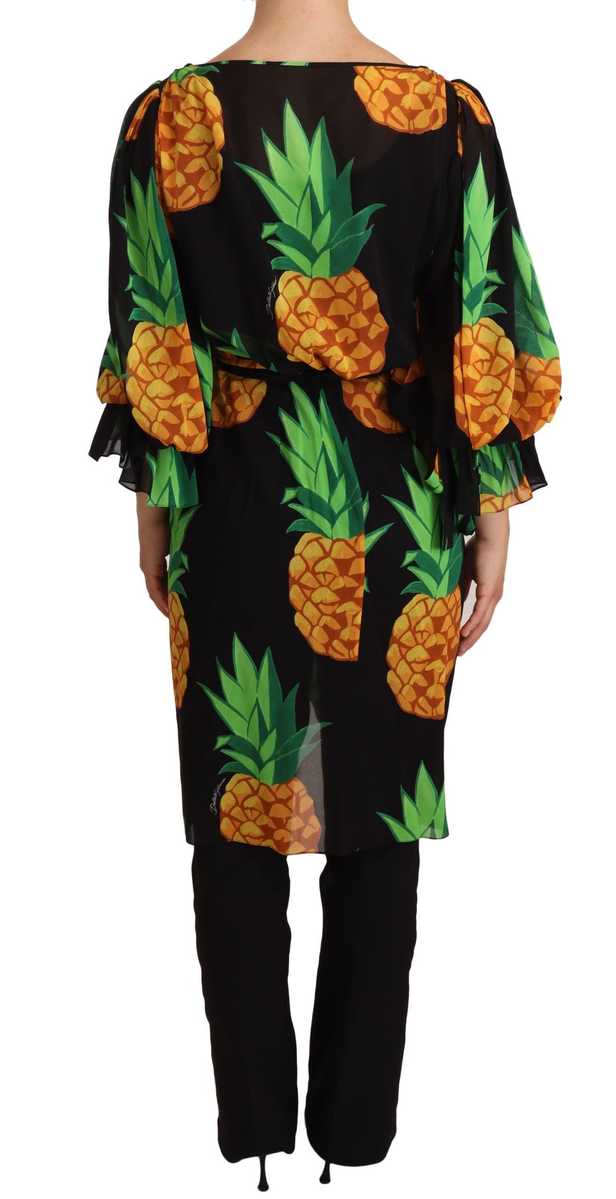 Dolce & Gabbana Black Pineapple-Print 92% Silk Wrap Dress – Long Puff Sleeves, Side Tie, Italian