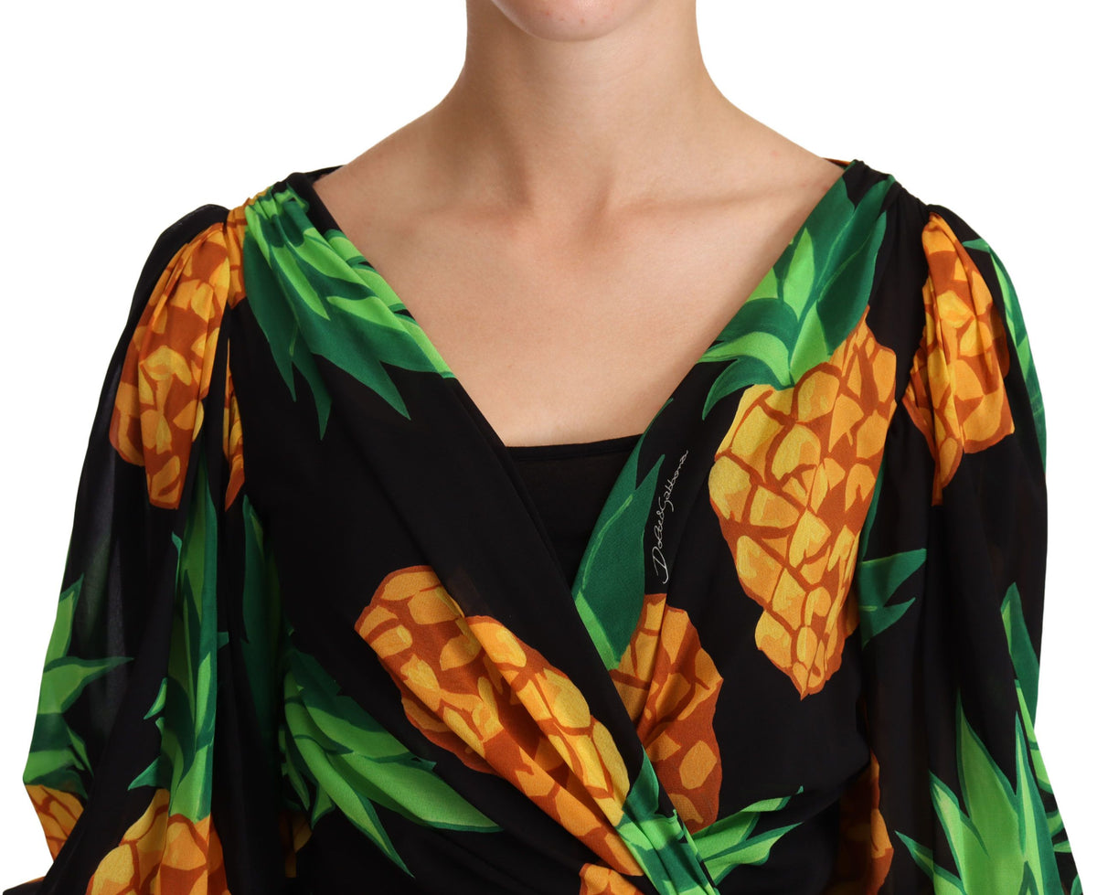 Dolce & Gabbana Black Pineapple-Print 92% Silk Wrap Dress – Long Puff Sleeves, Side Tie, Italian