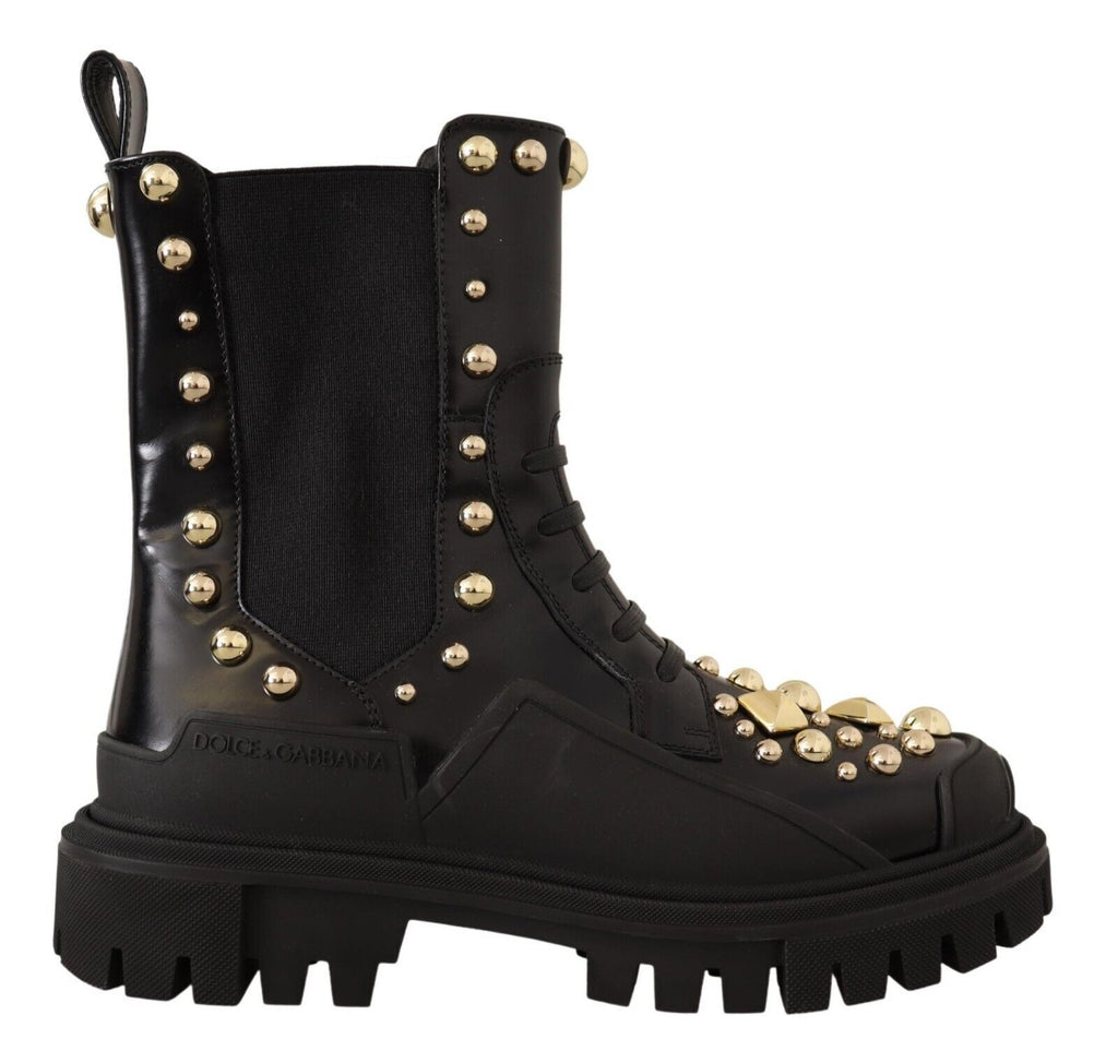 Dolce & Gabbana Black Leather Studded Combat Boots – Gold Studs, Embroidery, Stretch Panel, Rubber Sole, Italian