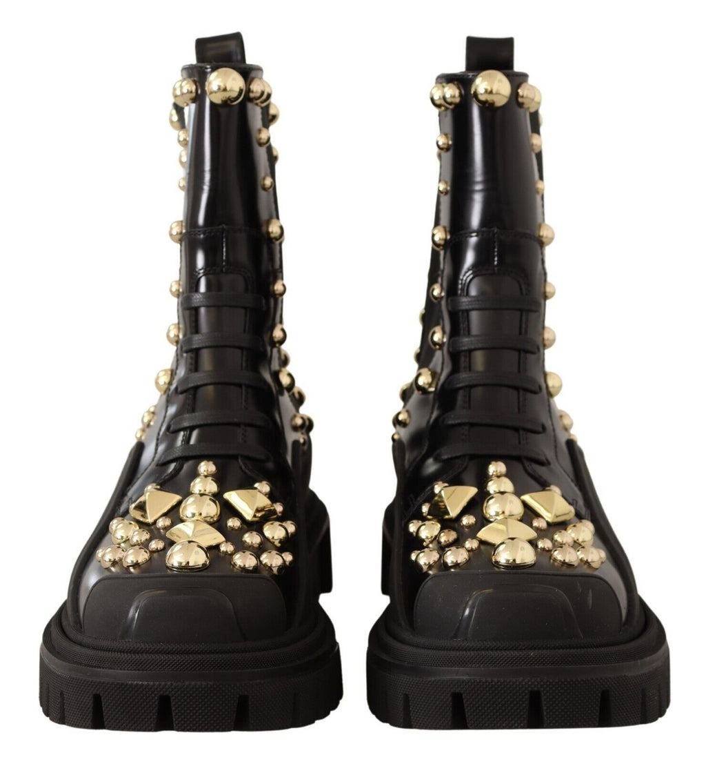 Dolce & Gabbana Black Leather Studded Combat Boots – Gold Studs, Embroidery, Stretch Panel, Rubber Sole, Italian