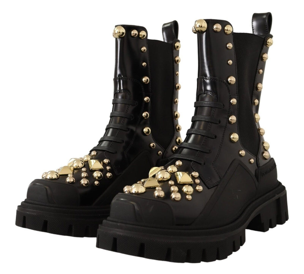 Dolce & Gabbana Black Leather Studded Combat Boots – Gold Studs, Embroidery, Stretch Panel, Rubber Sole, Italian
