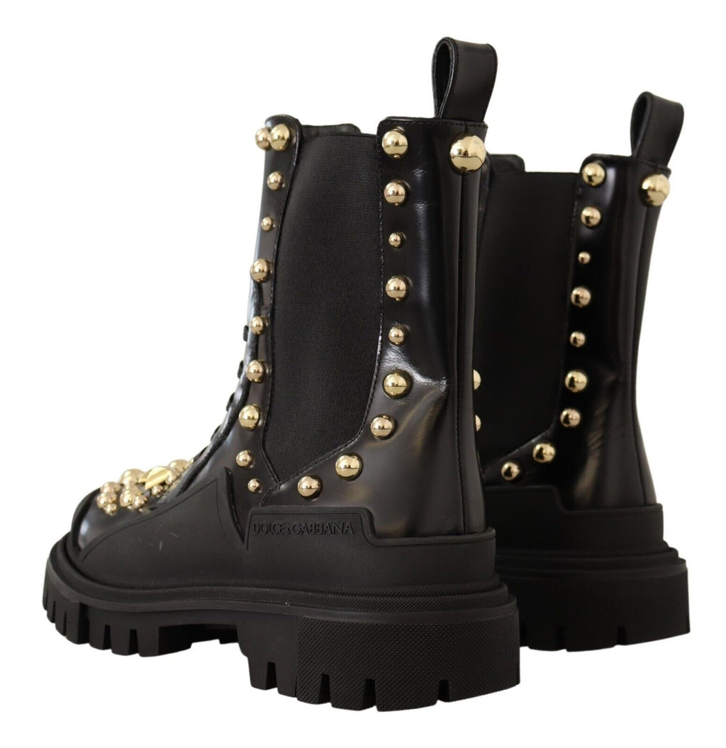 Dolce & Gabbana Black Leather Studded Combat Boots – Gold Studs, Embroidery, Stretch Panel, Rubber Sole, Italian