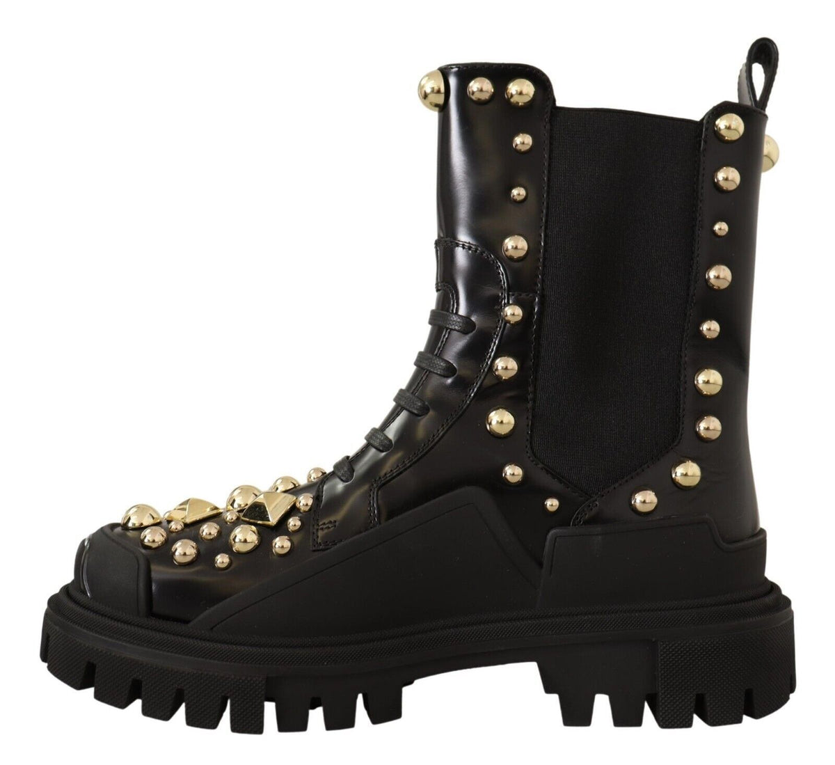 Dolce & Gabbana Black Leather Studded Combat Boots – Gold Studs, Embroidery, Stretch Panel, Rubber Sole, Italian