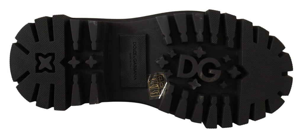 Dolce & Gabbana Black Leather Studded Combat Boots – Gold Studs, Embroidery, Stretch Panel, Rubber Sole, Italian