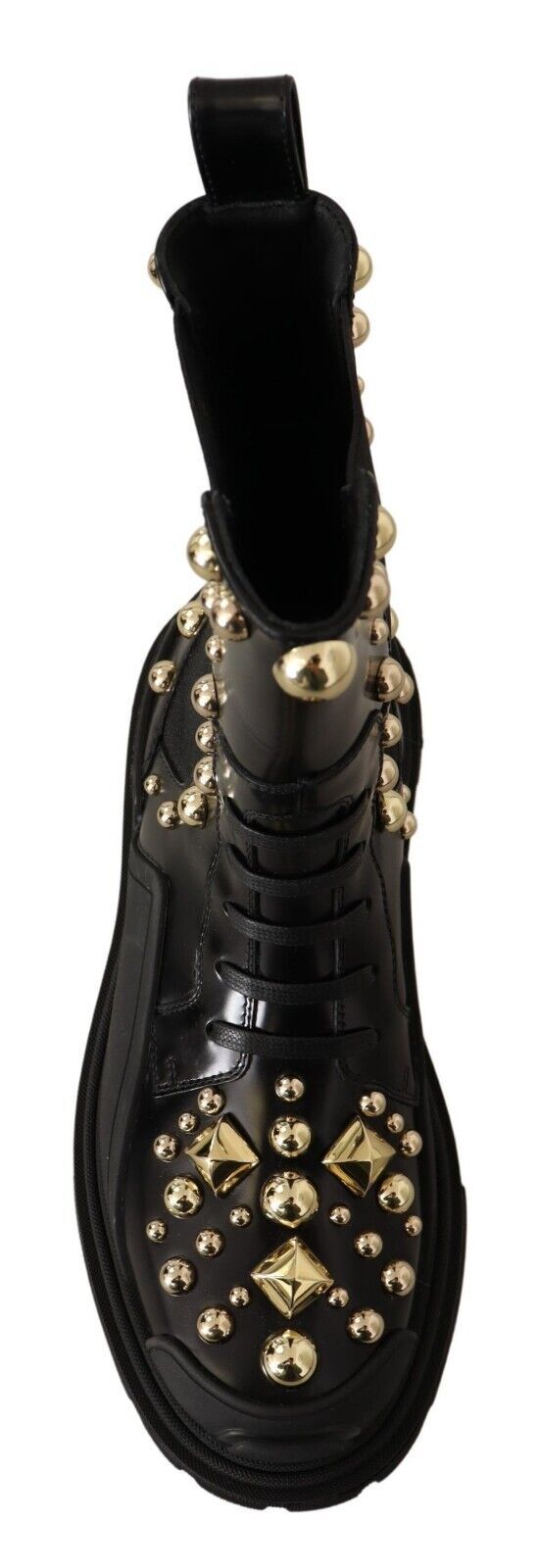 Dolce & Gabbana Black Leather Studded Combat Boots – Gold Studs, Embroidery, Stretch Panel, Rubber Sole, Italian