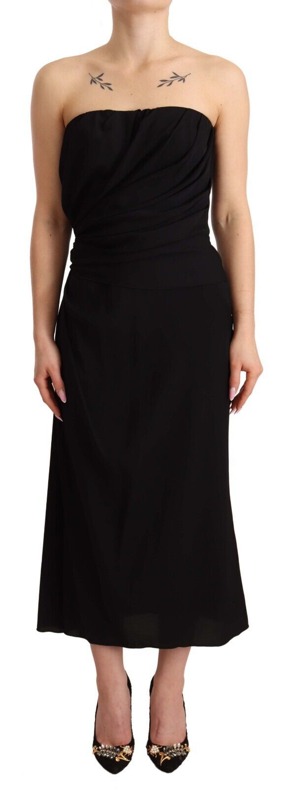 Dolce & Gabbana Black 94% Silk Stretch Strapless Hombár Midi Dress – Side Zip, Logo Detail, Italian