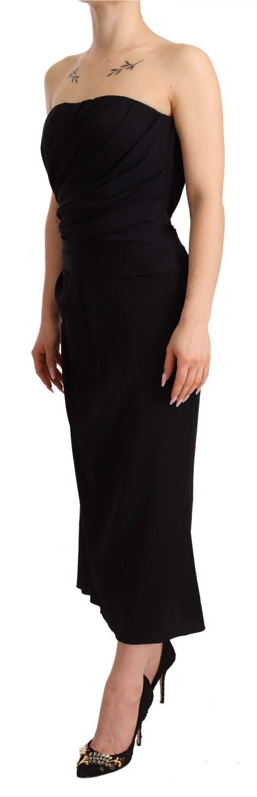 Dolce & Gabbana Black 94% Silk Stretch Strapless Hombár Midi Dress – Side Zip, Logo Detail, Italian