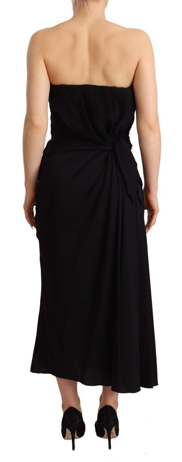 Dolce & Gabbana Black 94% Silk Stretch Strapless Hombár Midi Dress – Side Zip, Logo Detail, Italian