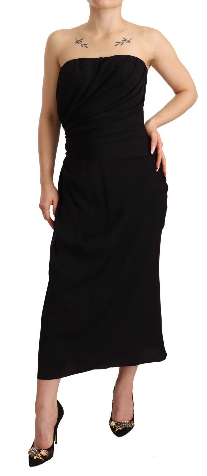 Dolce & Gabbana Black 94% Silk Stretch Strapless Hombár Midi Dress – Side Zip, Logo Detail, Italian