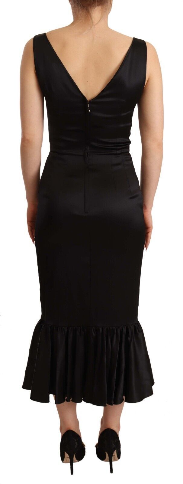 Dolce & Gabbana Black Silk Stretch Square-Neck Hombár Midi Dress – Semi-Fitted, Zip, Logo Detail, Italian
