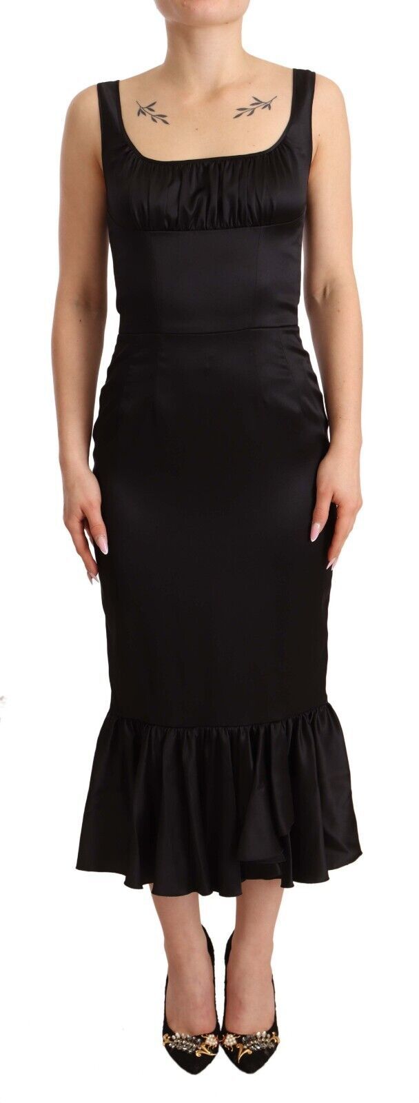 Dolce & Gabbana Black Silk Stretch Square-Neck Hombár Midi Dress – Semi-Fitted, Zip, Logo Detail, Italian