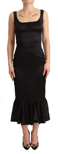 Dolce & Gabbana Black Silk Stretch Square-Neck Hombár Midi Dress – Semi-Fitted, Zip, Logo Detail, Italian