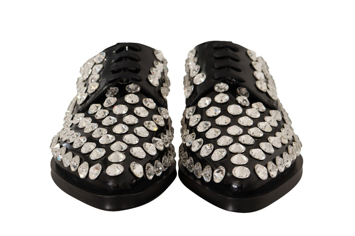 Dolce & Gabbana Black Leather Crystals Lace Up Formal Shoes