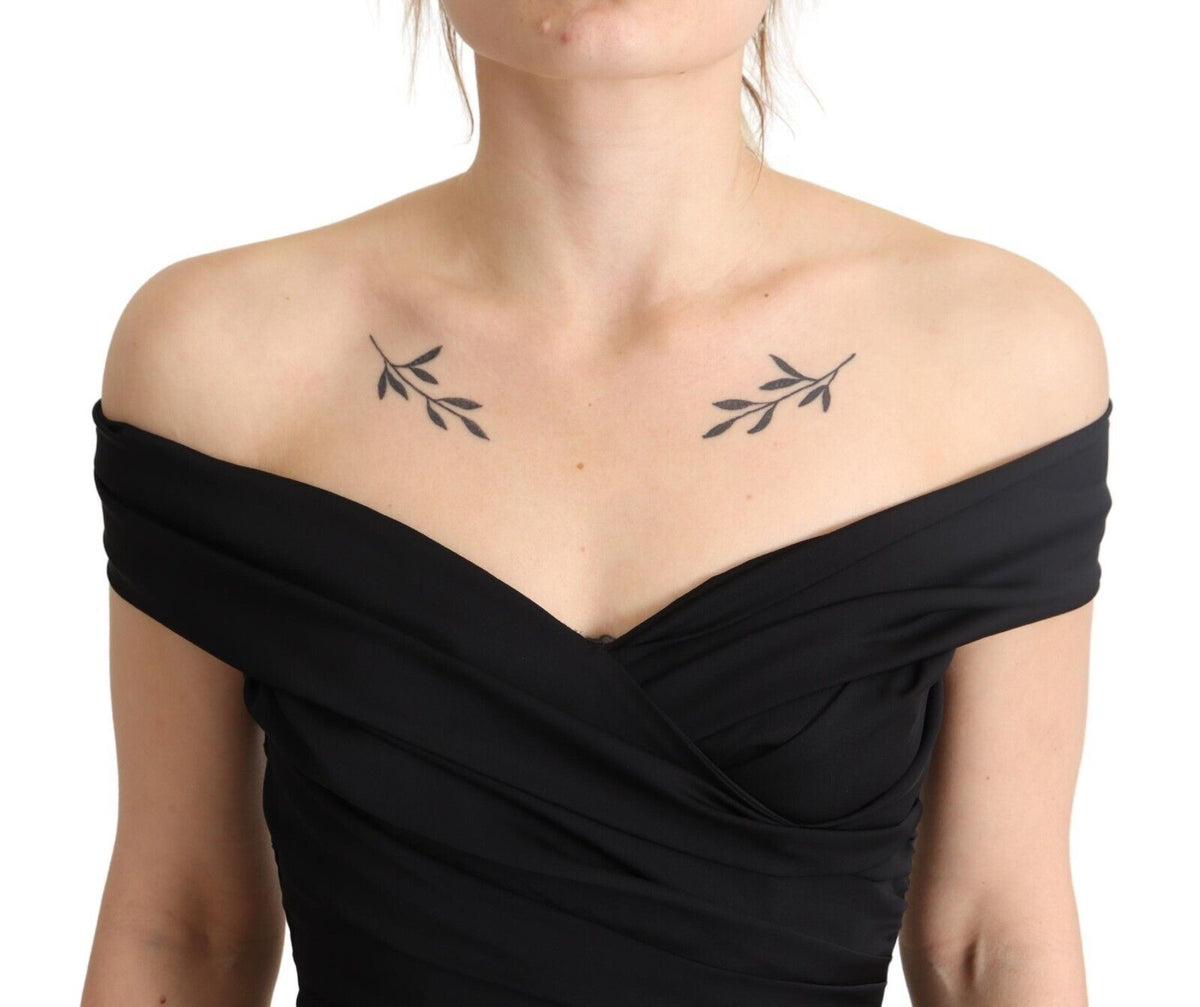 Dolce & Gabbana Black 94% Silk Off-the-Shoulder Bodycon Hombár Dress – Back Zip, Logo Detail, Italian