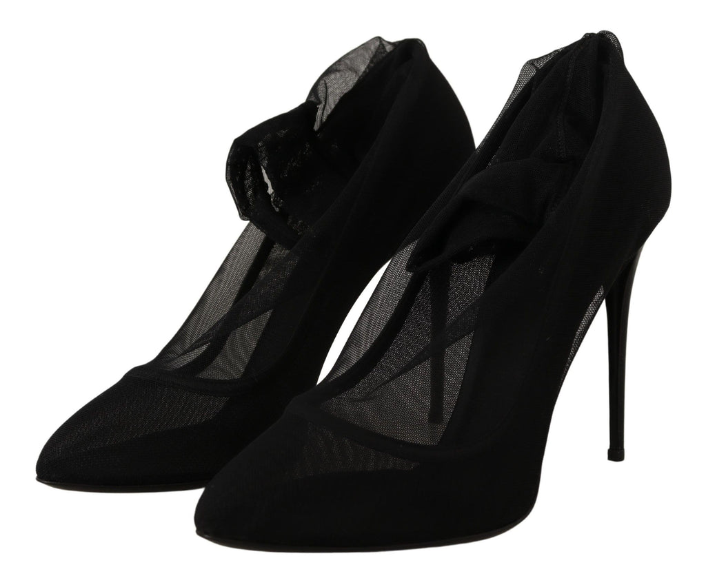 Dolce & Gabbana Black Stretch Tulle Sock Bootie Pumps – Nylon-Elastane-Leather, Leather Sole, Logo, Italian