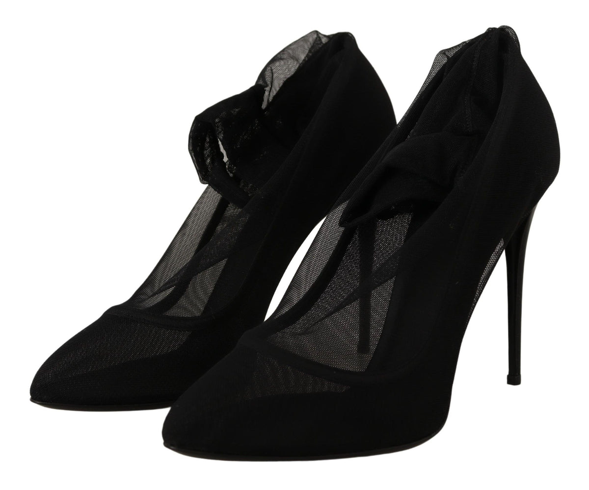 Dolce & Gabbana Black Stretch Tulle Sock Bootie Pumps – Nylon-Elastane-Leather, Leather Sole, Logo, Italian