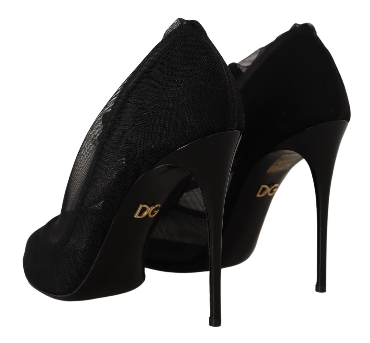 Dolce & Gabbana Black Stretch Tulle Sock Bootie Pumps – Nylon-Elastane-Leather, Leather Sole, Logo, Italian