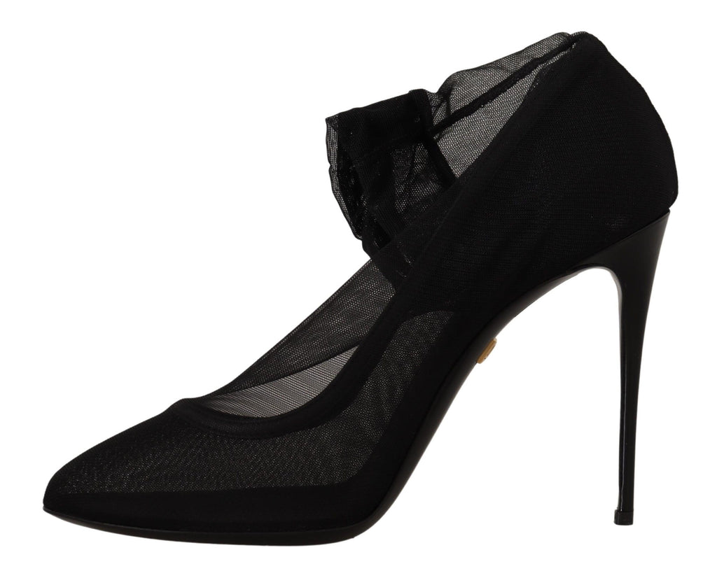 Dolce & Gabbana Black Stretch Tulle Sock Bootie Pumps – Nylon-Elastane-Leather, Leather Sole, Logo, Italian