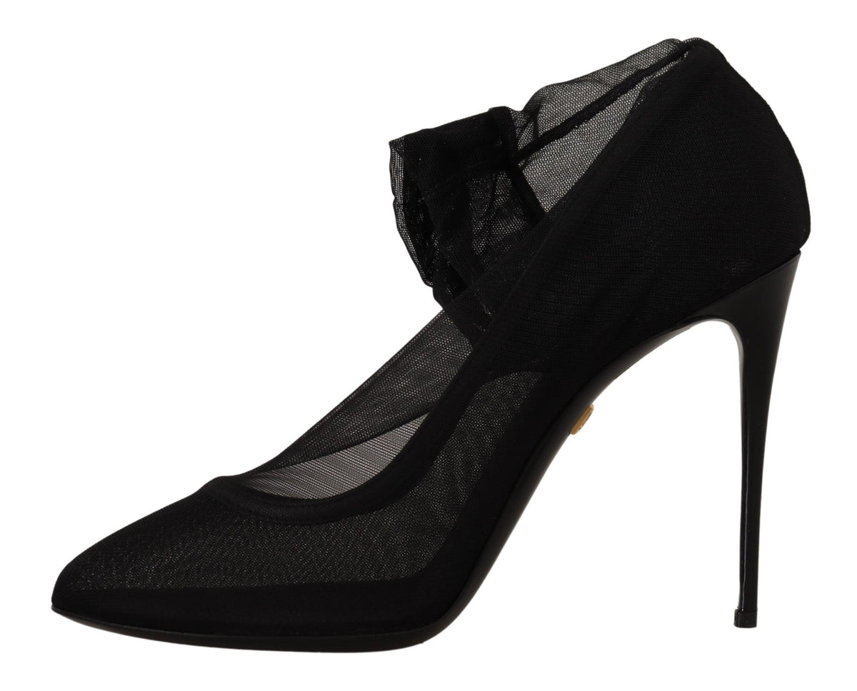Dolce & Gabbana Black Stretch Tulle Sock Bootie Pumps – Nylon-Elastane-Leather, Leather Sole, Logo, Italian