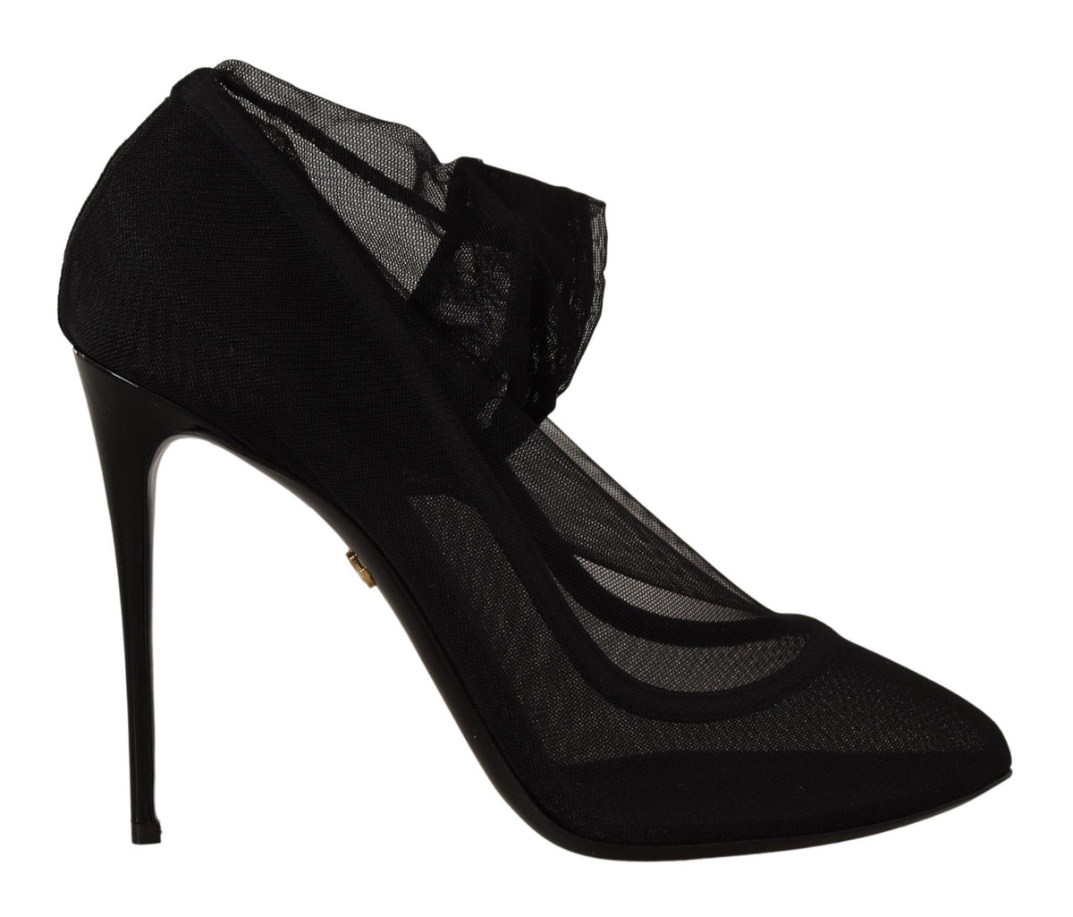 Dolce & Gabbana Black Stretch Tulle Sock Bootie Pumps – Nylon-Elastane-Leather, Leather Sole, Logo, Italian