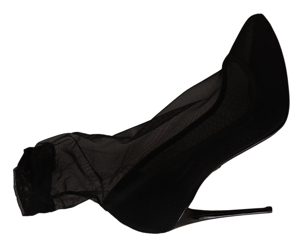 Dolce & Gabbana Black Stretch Tulle Sock Bootie Pumps – Nylon-Elastane-Leather, Leather Sole, Logo, Italian