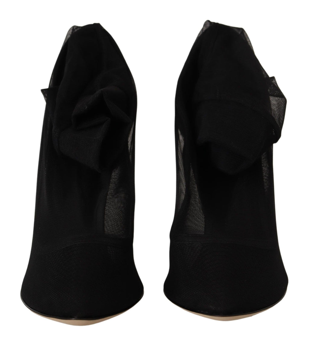Dolce & Gabbana Black Stretch Tulle Sock Bootie Pumps – Nylon-Elastane-Leather, Leather Sole, Logo, Italian