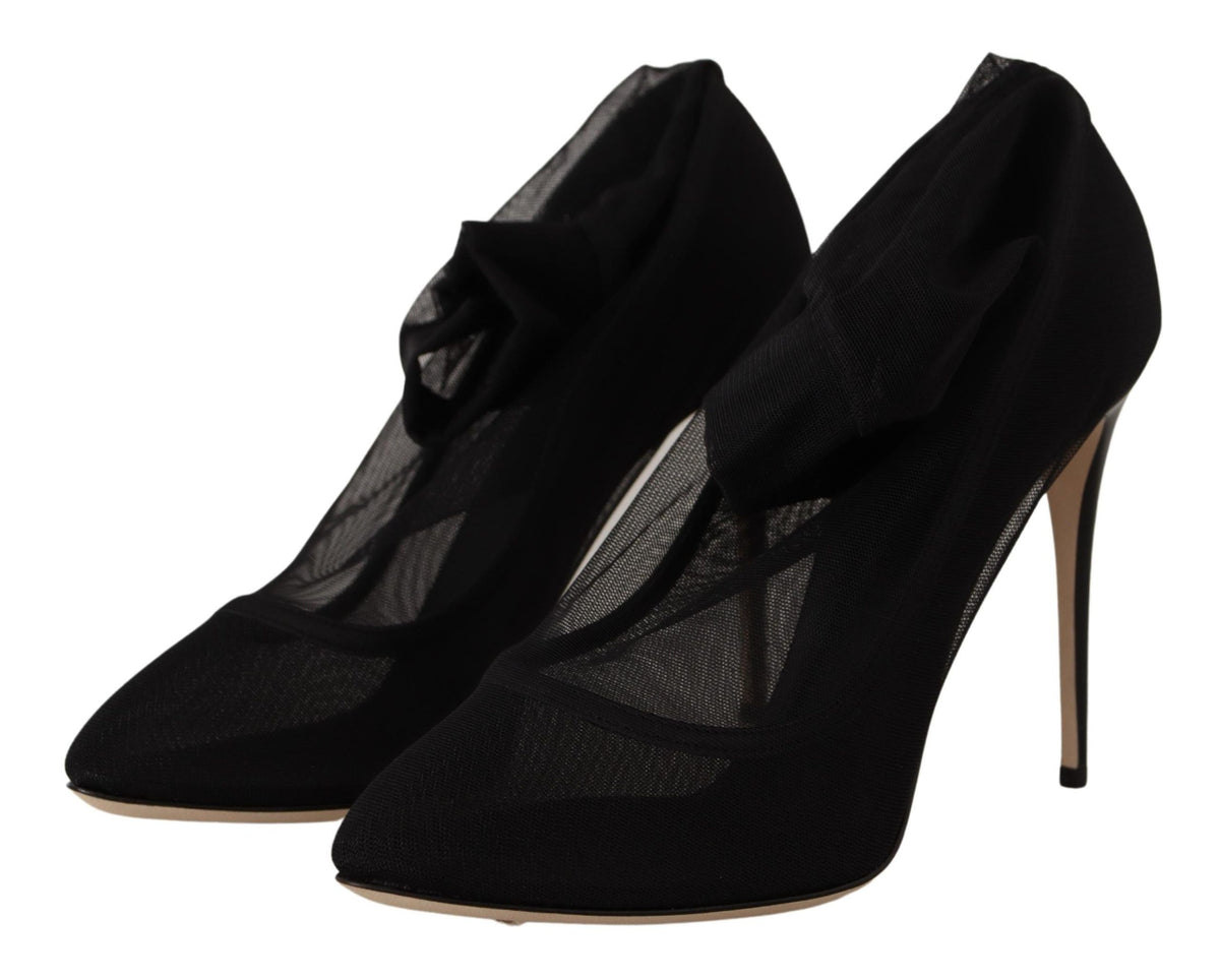 Dolce & Gabbana Black Stretch Tulle Sock Bootie Pumps – Nylon-Elastane-Leather, Leather Sole, Logo, Italian