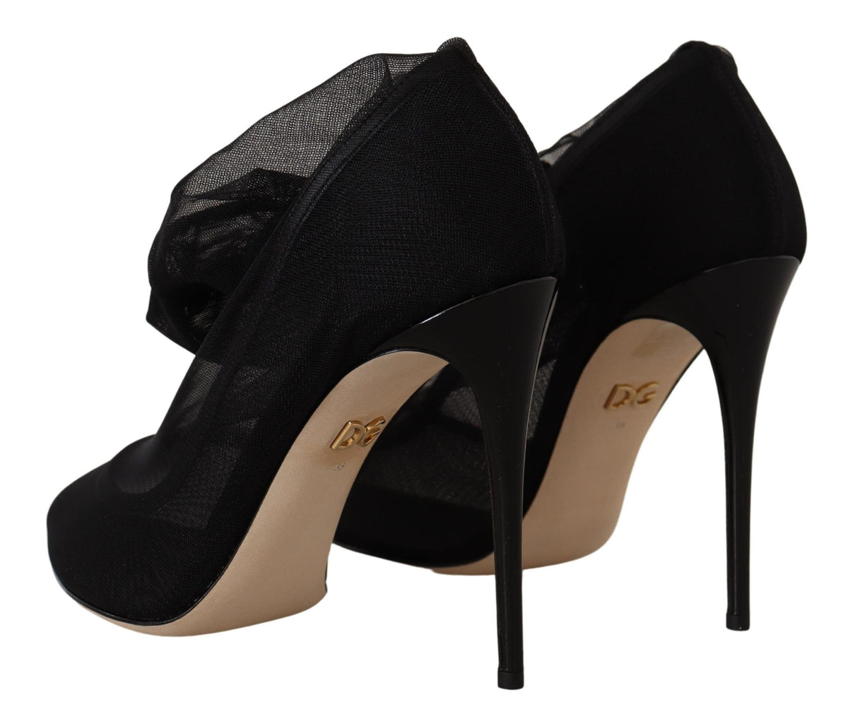 Dolce & Gabbana Black Stretch Tulle Sock Bootie Pumps – Nylon-Elastane-Leather, Leather Sole, Logo, Italian