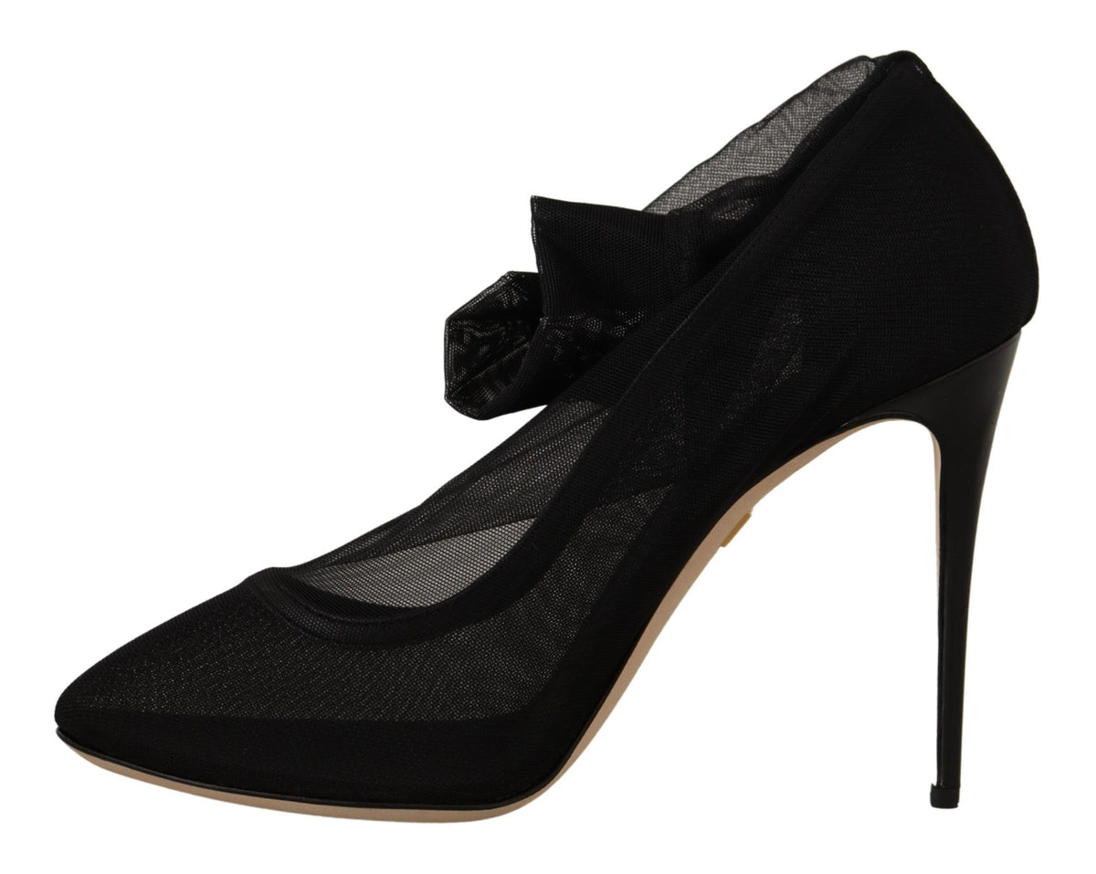 Dolce & Gabbana Black Stretch Tulle Sock Bootie Pumps – Nylon-Elastane-Leather, Leather Sole, Logo, Italian