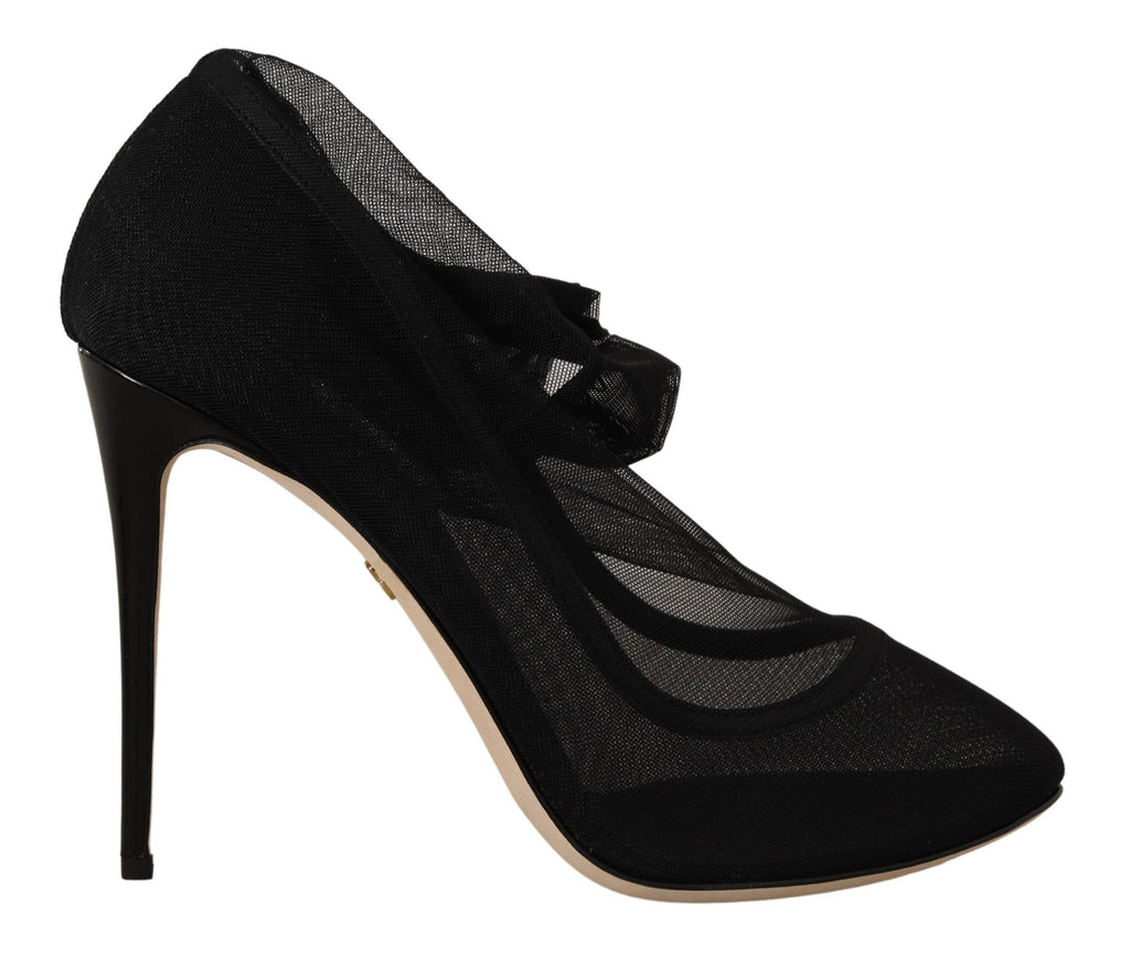 Dolce & Gabbana Black Stretch Tulle Sock Bootie Pumps – Nylon-Elastane-Leather, Leather Sole, Logo, Italian