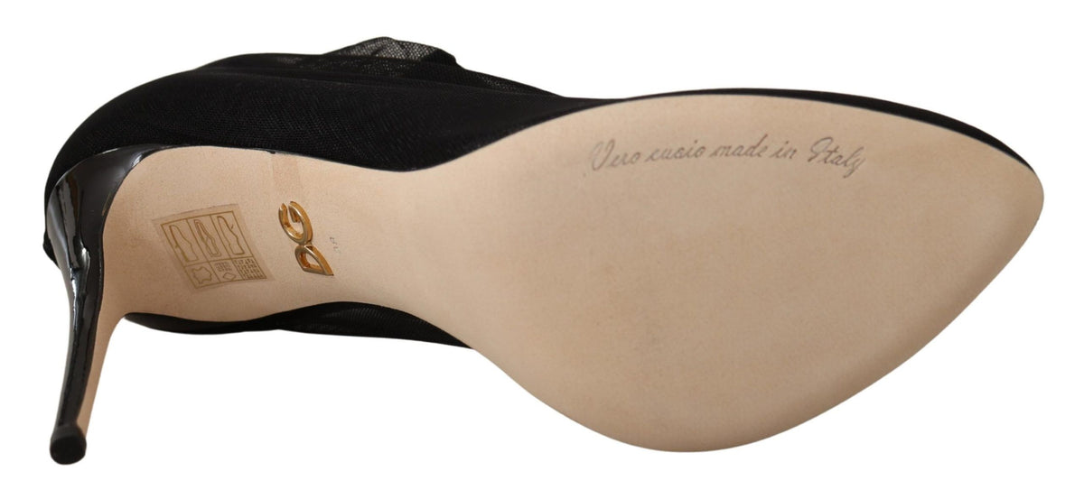 Dolce & Gabbana Black Stretch Tulle Sock Bootie Pumps – Nylon-Elastane-Leather, Leather Sole, Logo, Italian