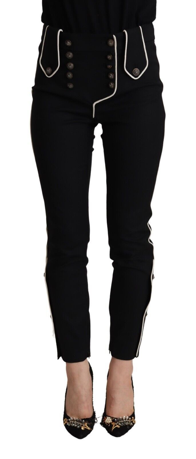Dolce & Gabbana Black Wool Slim-Fit Trousers – Button Detailing, Mid-Rise Waist