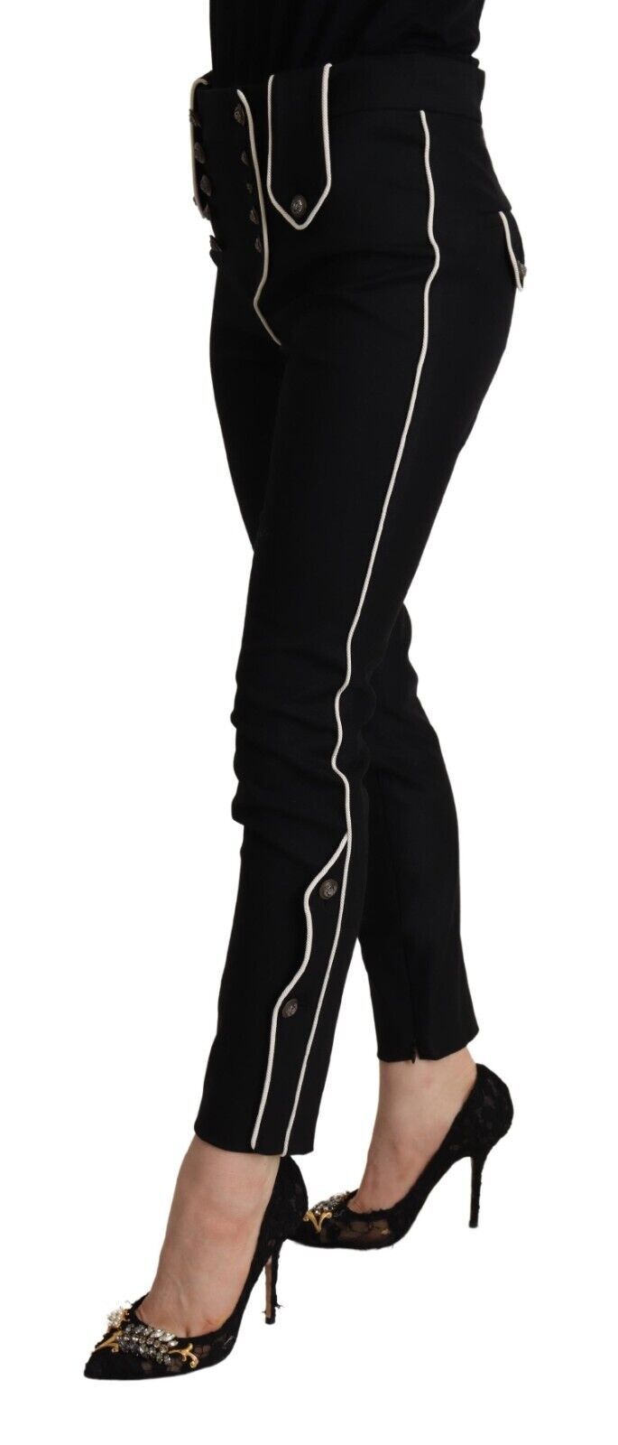 Dolce & Gabbana Black Wool Slim-Fit Trousers – Button Detailing, Mid-Rise Waist