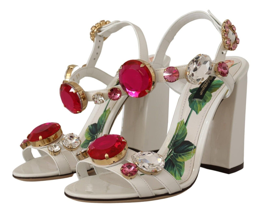 Dolce & Gabbana White Leather Crystal 'Keira' High-Heel Sandal – Logo, Italian