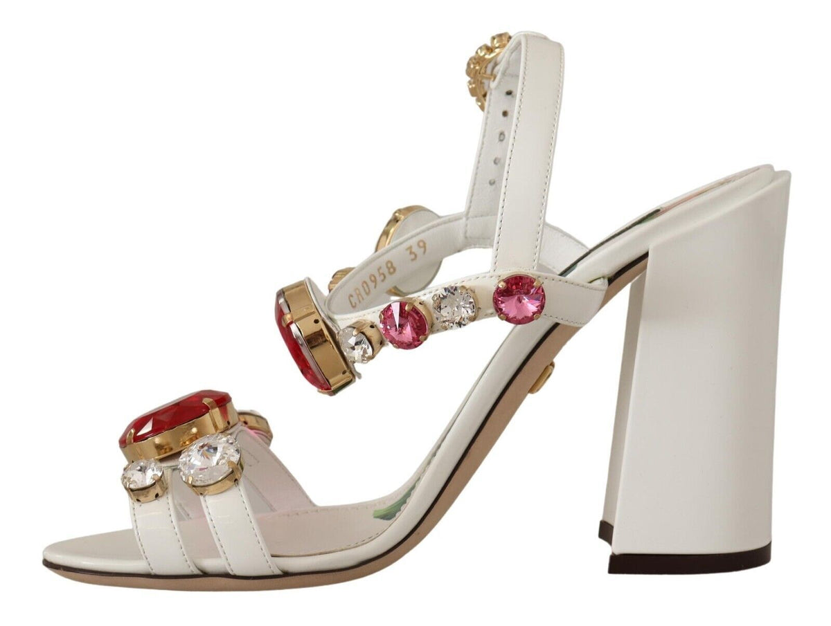 Dolce & Gabbana White Leather Crystal 'Keira' High-Heel Sandal – Logo, Italian