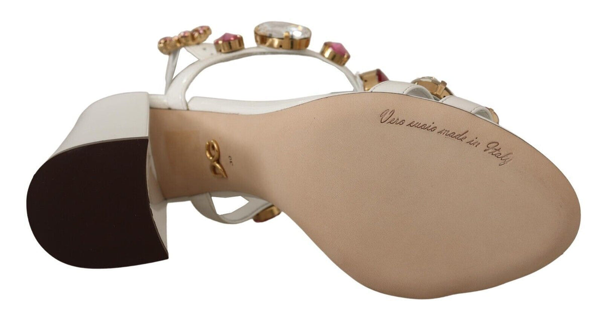 Dolce & Gabbana White Leather Crystal 'Keira' High-Heel Sandal – Logo, Italian
