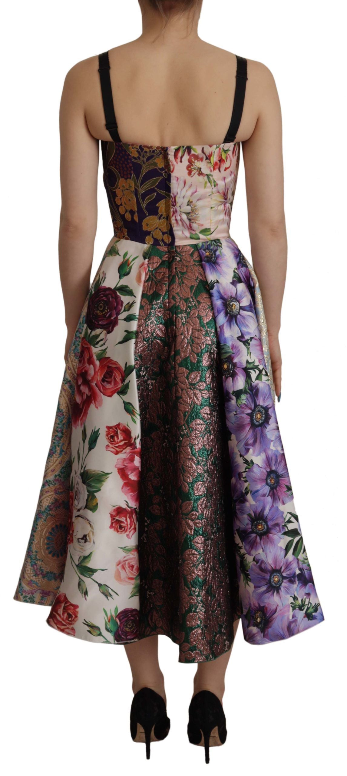 Dolce & Gabbana Colorful Patchwork Floral Jacquard Silk Midi Dress – Sleeveless