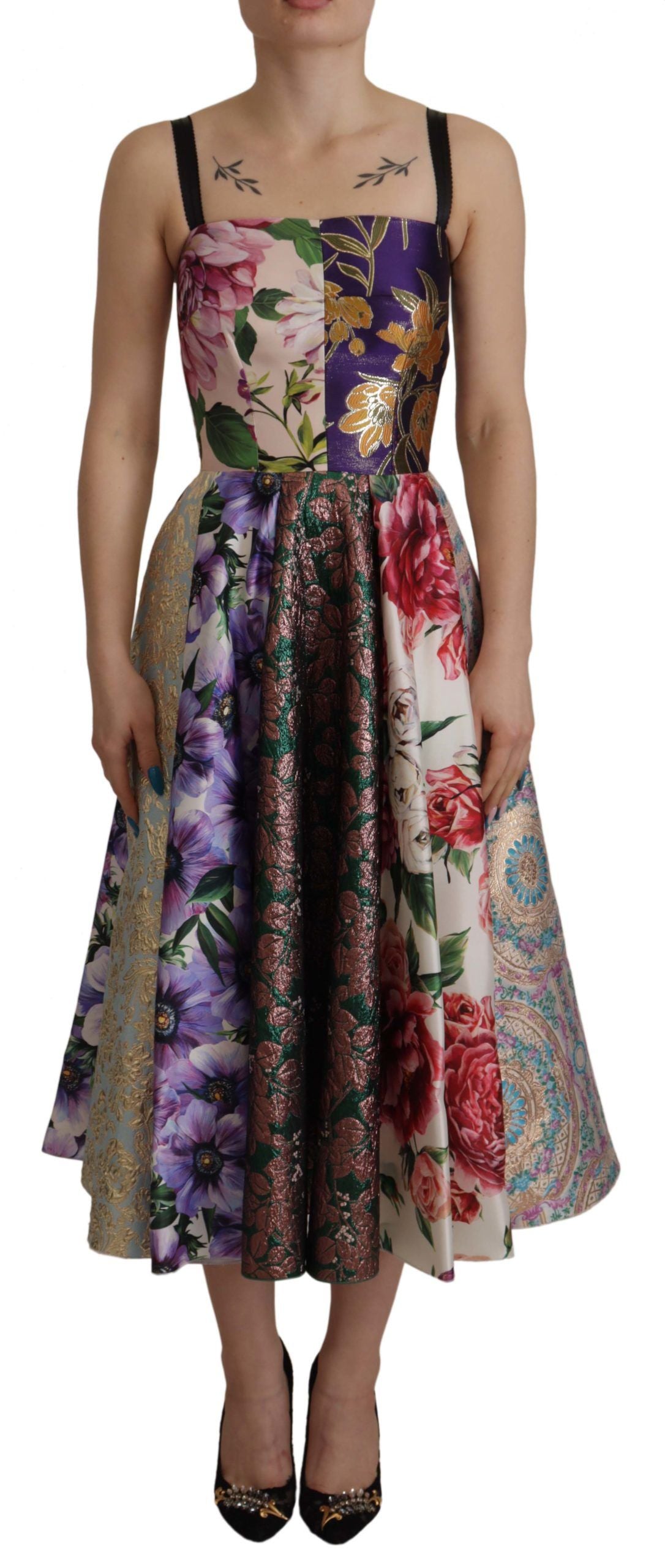 Dolce & Gabbana Colorful Patchwork Floral Jacquard Silk Midi Dress – Sleeveless