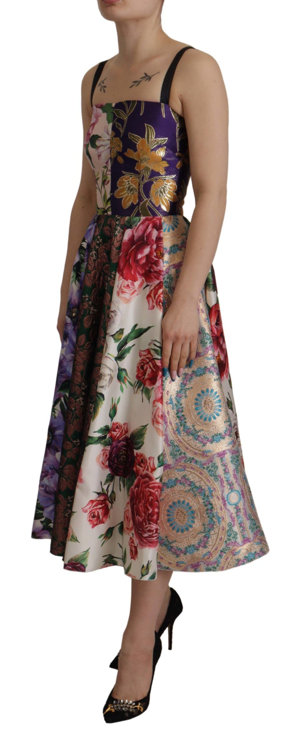 Dolce & Gabbana Colorful Patchwork Floral Jacquard Silk Midi Dress – Sleeveless