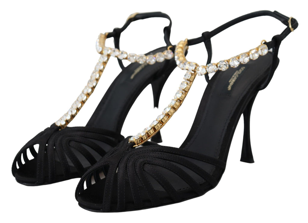 Dolce & Gabbana Black Satin T-Strap Sandal – Clear Crystal, Silk-Viscose, Leather Sole, Logo, Italian