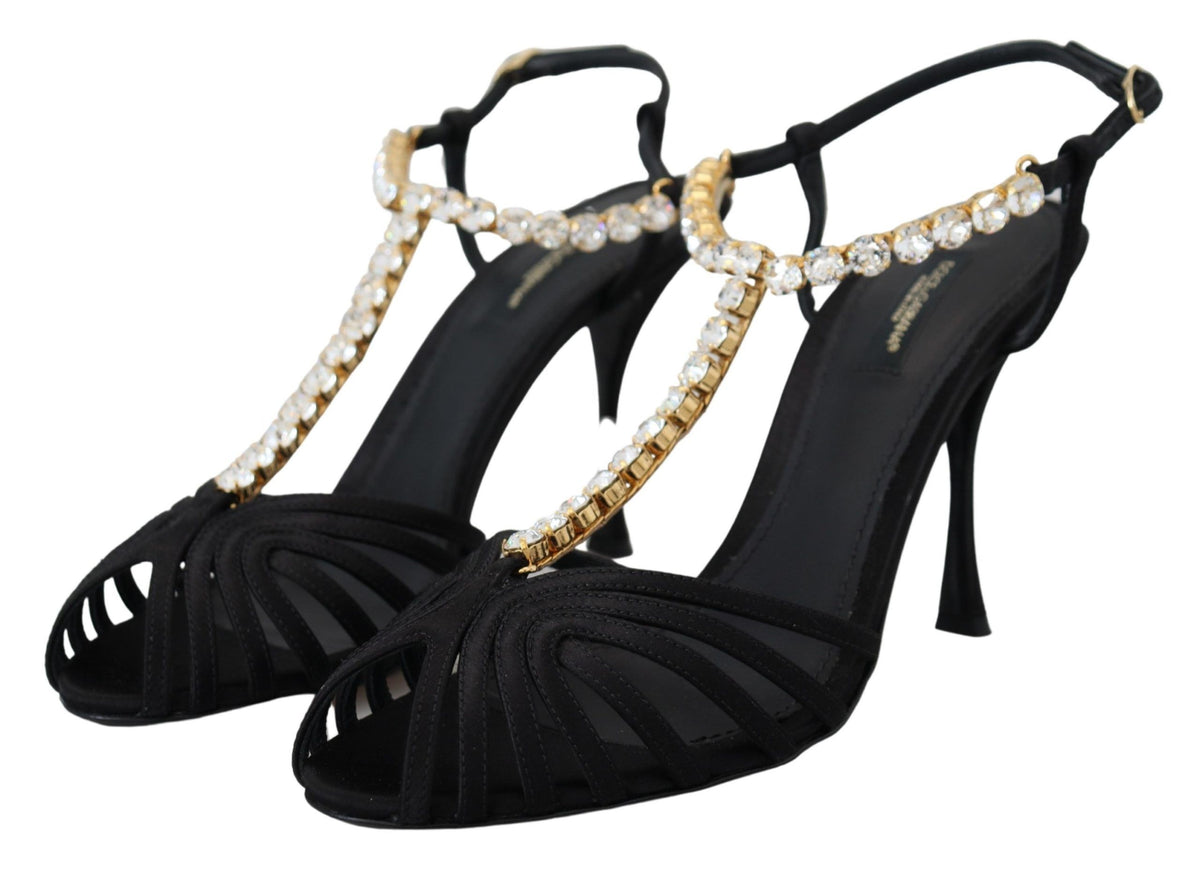 Dolce & Gabbana Black Satin T-Strap Sandal – Clear Crystal, Silk-Viscose, Leather Sole, Logo, Italian