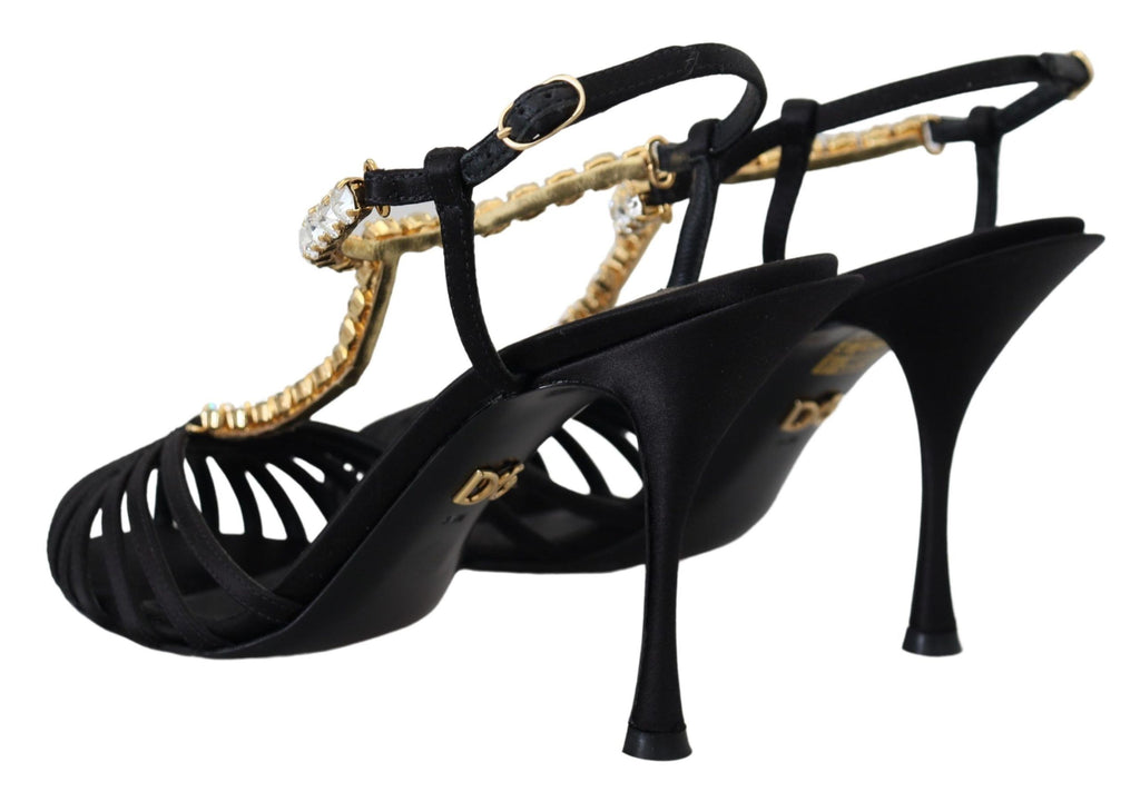 Dolce & Gabbana Black Satin T-Strap Sandal – Clear Crystal, Silk-Viscose, Leather Sole, Logo, Italian