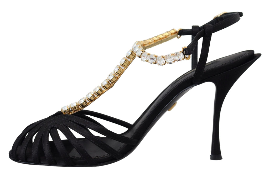 Dolce & Gabbana Black Satin T-Strap Sandal – Clear Crystal, Silk-Viscose, Leather Sole, Logo, Italian