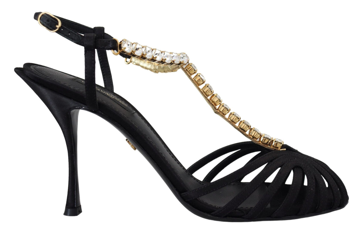 Dolce & Gabbana Black Satin T-Strap Sandal – Clear Crystal, Silk-Viscose, Leather Sole, Logo, Italian
