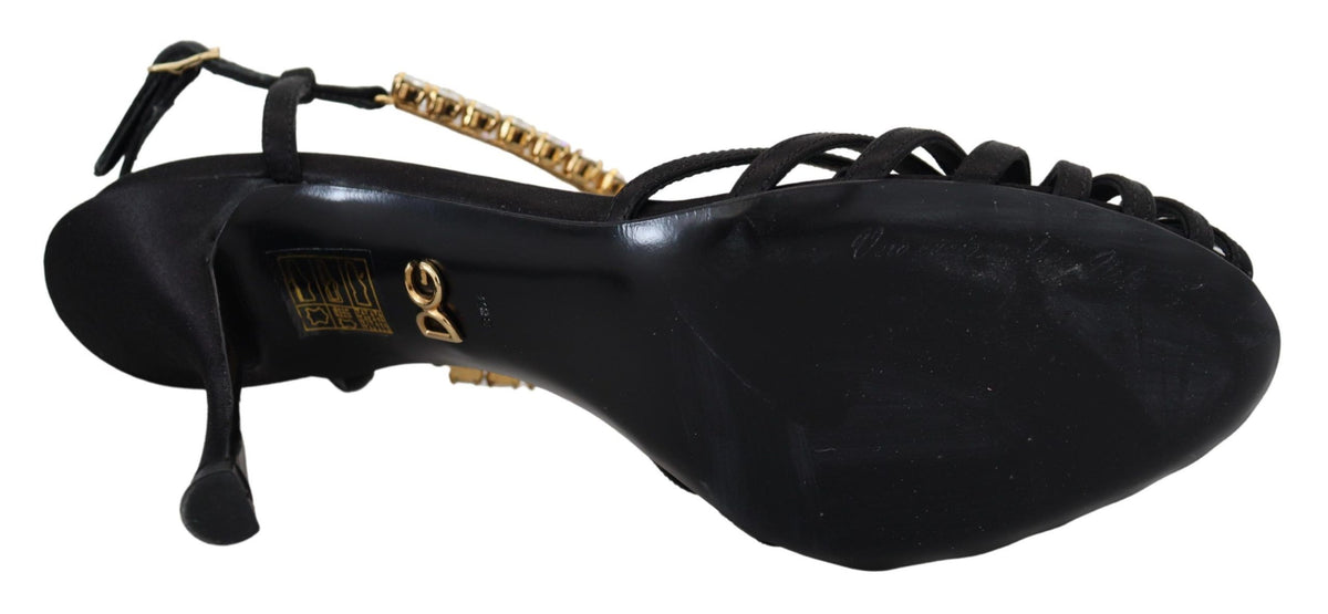 Dolce & Gabbana Black Satin T-Strap Sandal – Clear Crystal, Silk-Viscose, Leather Sole, Logo, Italian